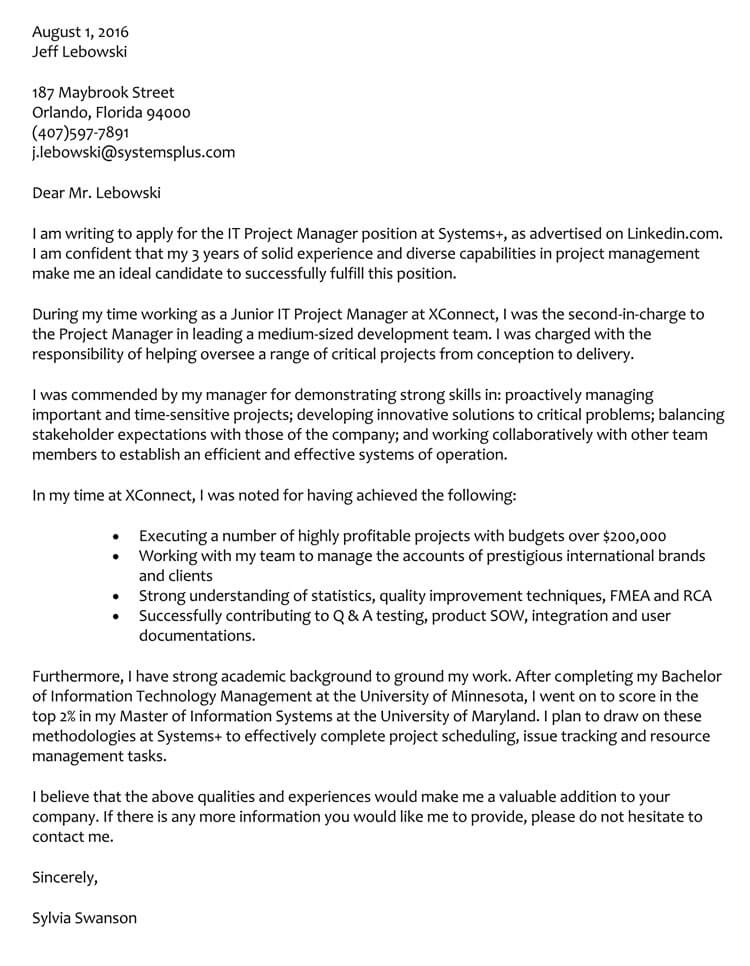Free Downloadable Project Manager Cover Letter Template