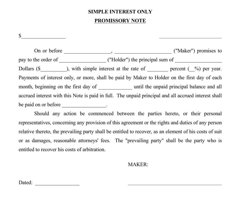 Printable unsecured promissory note form