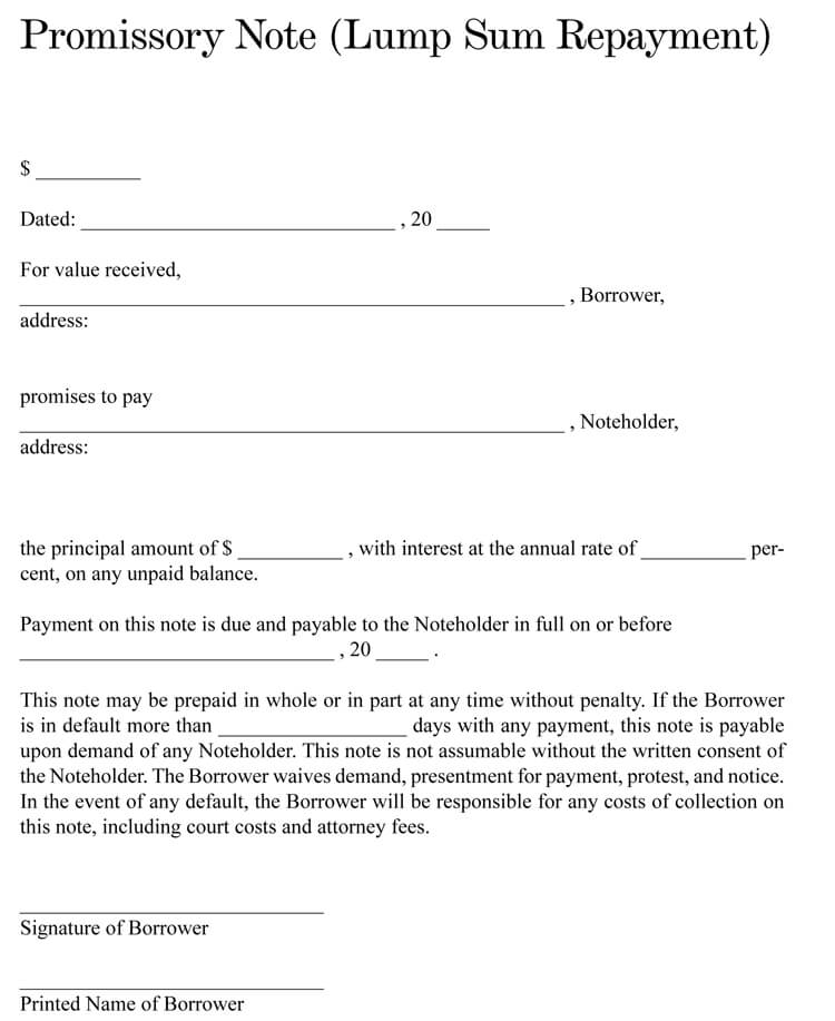 Free Editable Lumpsum Repayment Promissory Note Template for Pdf Format