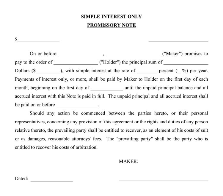 Free Editable Simple Interest Promissory Note Template for Pdf Format