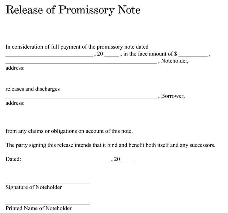 Free Printable Release of Promissory Note Template for Pdf File