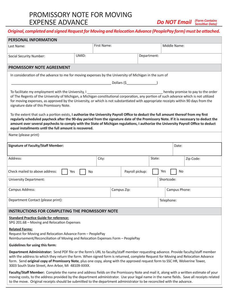 Promissory Note for Moving Expense Advance PDF Template