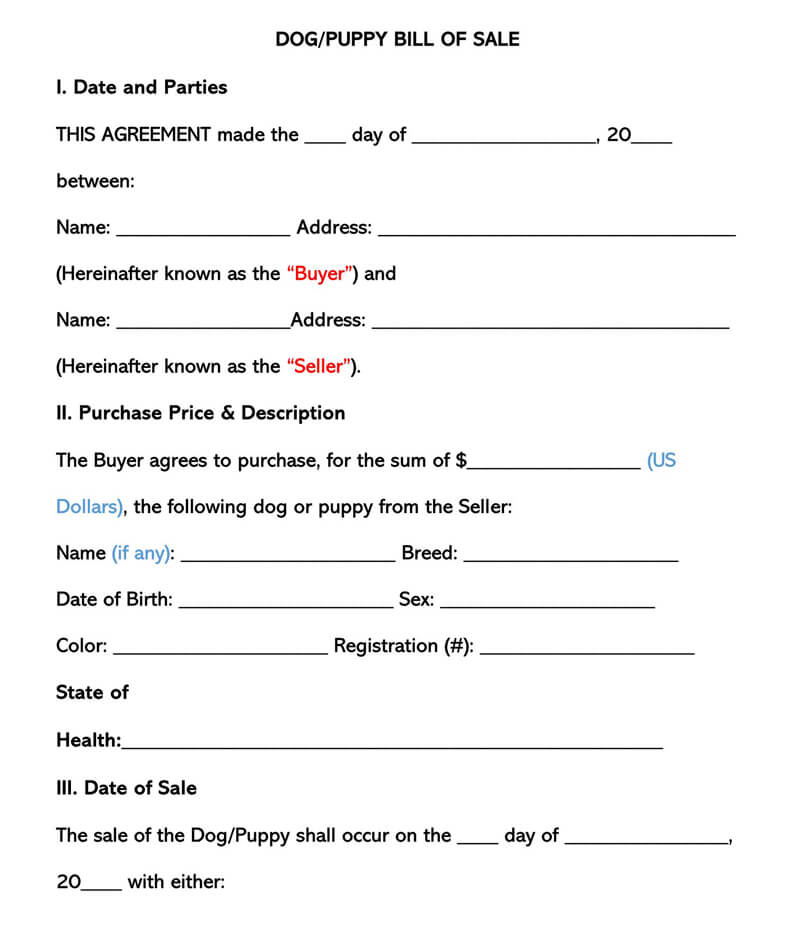 Puppy or Dog Bill of Sale Form 01