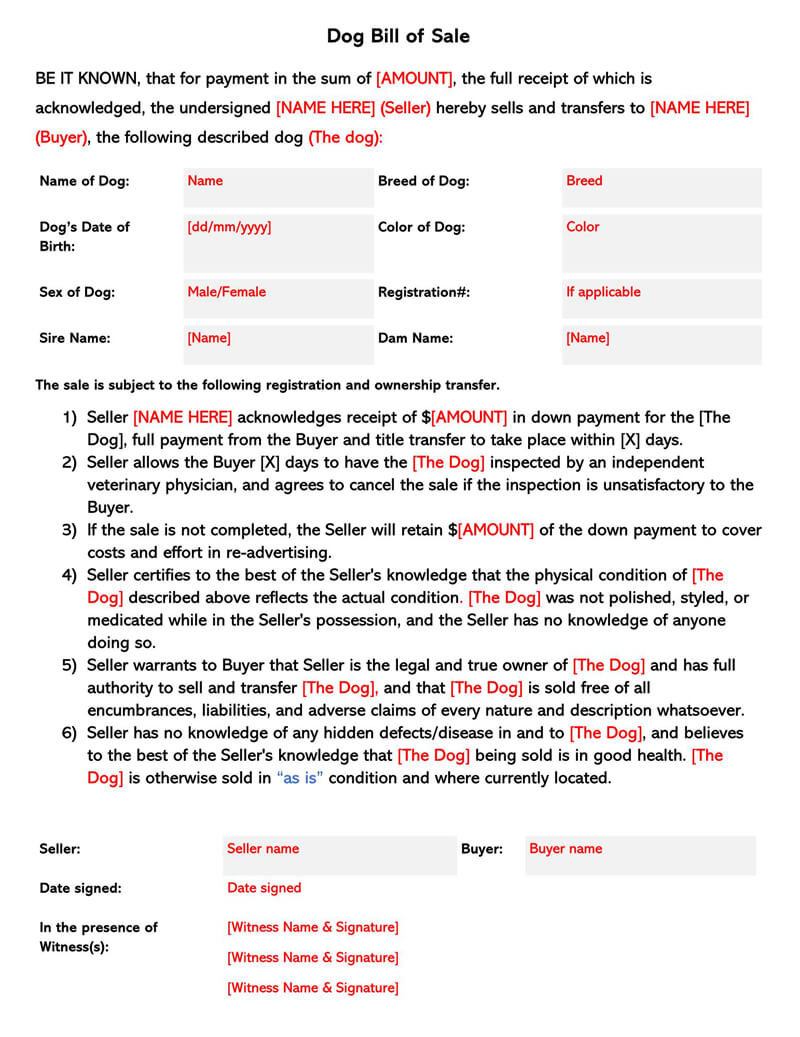 Puppy or Dog Bill of Sale Form 07
