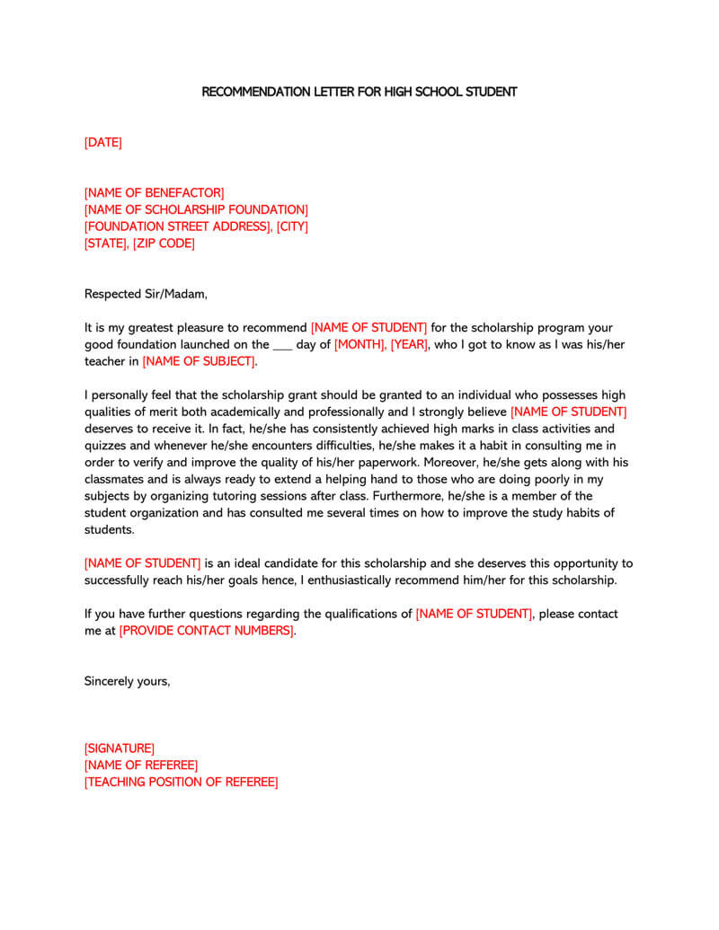 Printable High School Recommendation Letter Template 12 for Word File