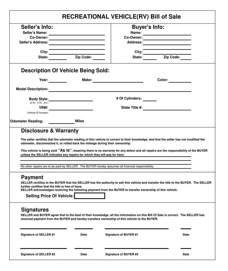 Free Recreational Vehicle RV Bill Of Sale Forms Word PDF