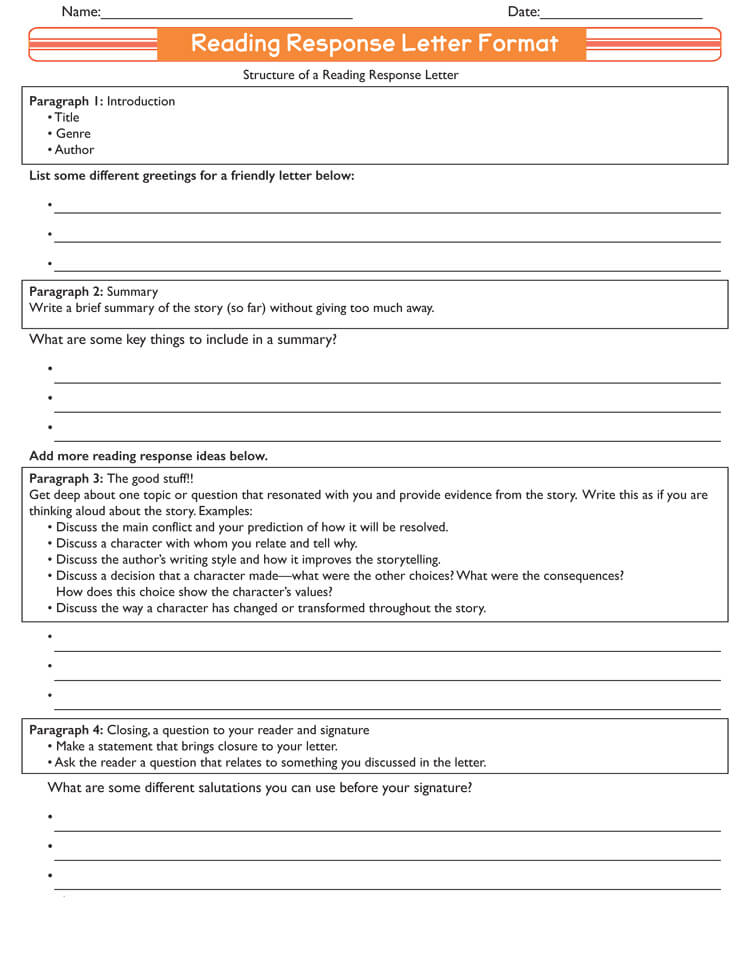 Reading Response journal worksheet