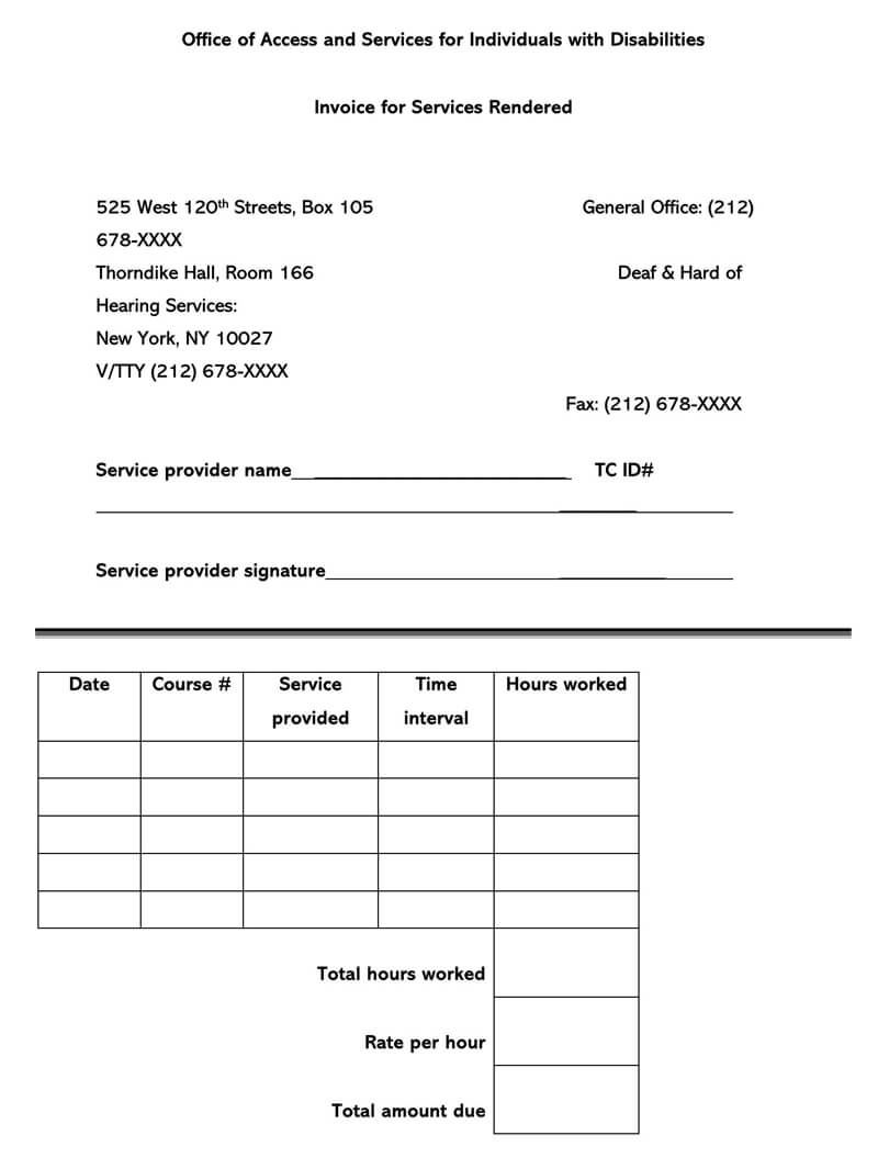 Receipt for Rendered Services Template