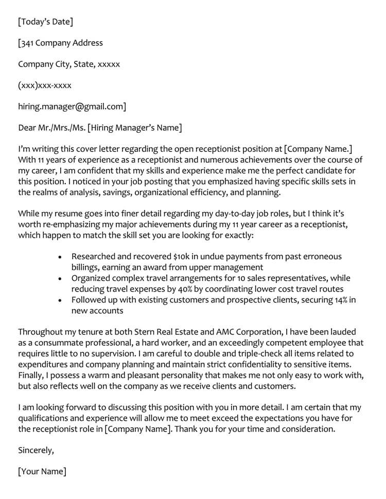 Free Receptionist Cover Letter Template - Editable and Downloadable