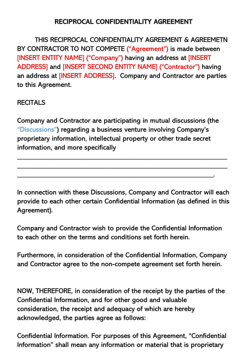 Reciprocal Confidentialy Agreement Template