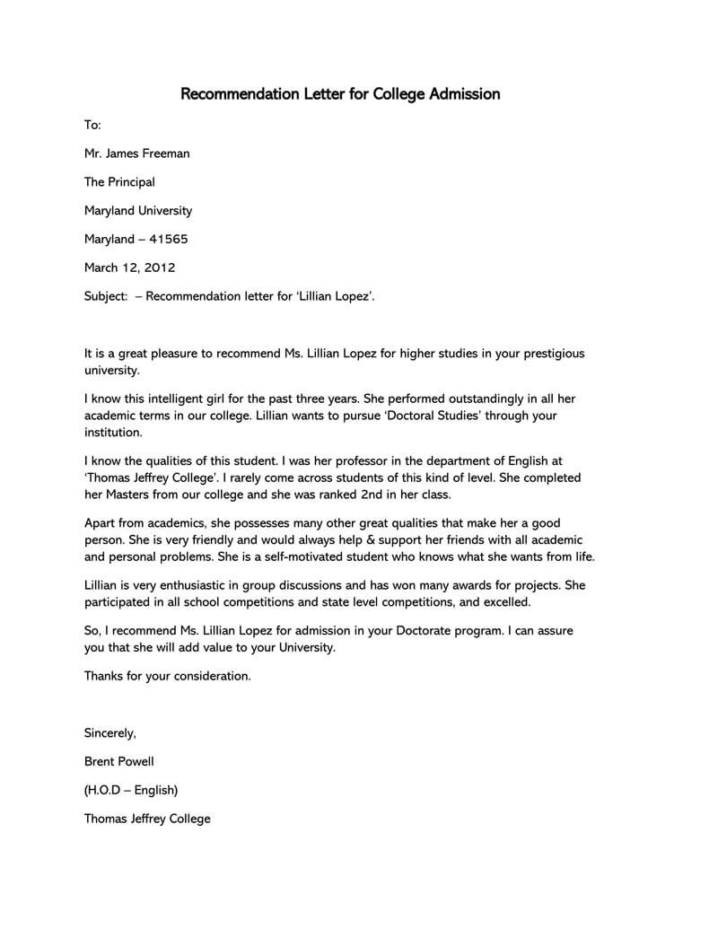 Recommendation Letter College Admission from www.wordtemplatesonline.net