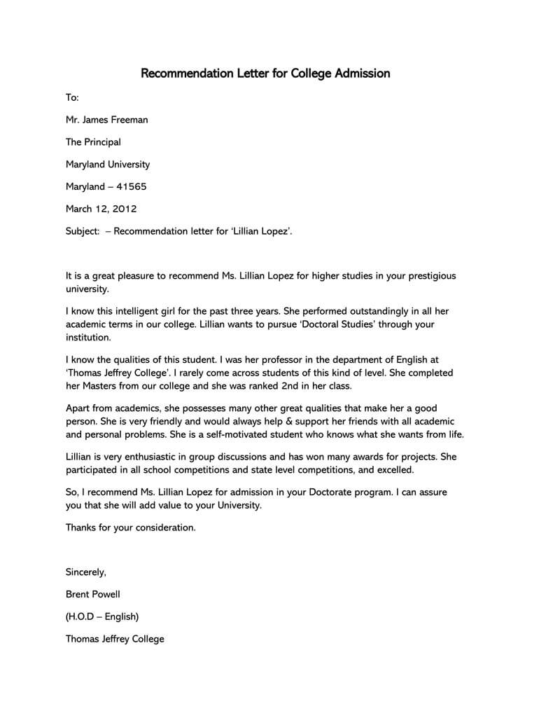 college admission letter of recommendation template