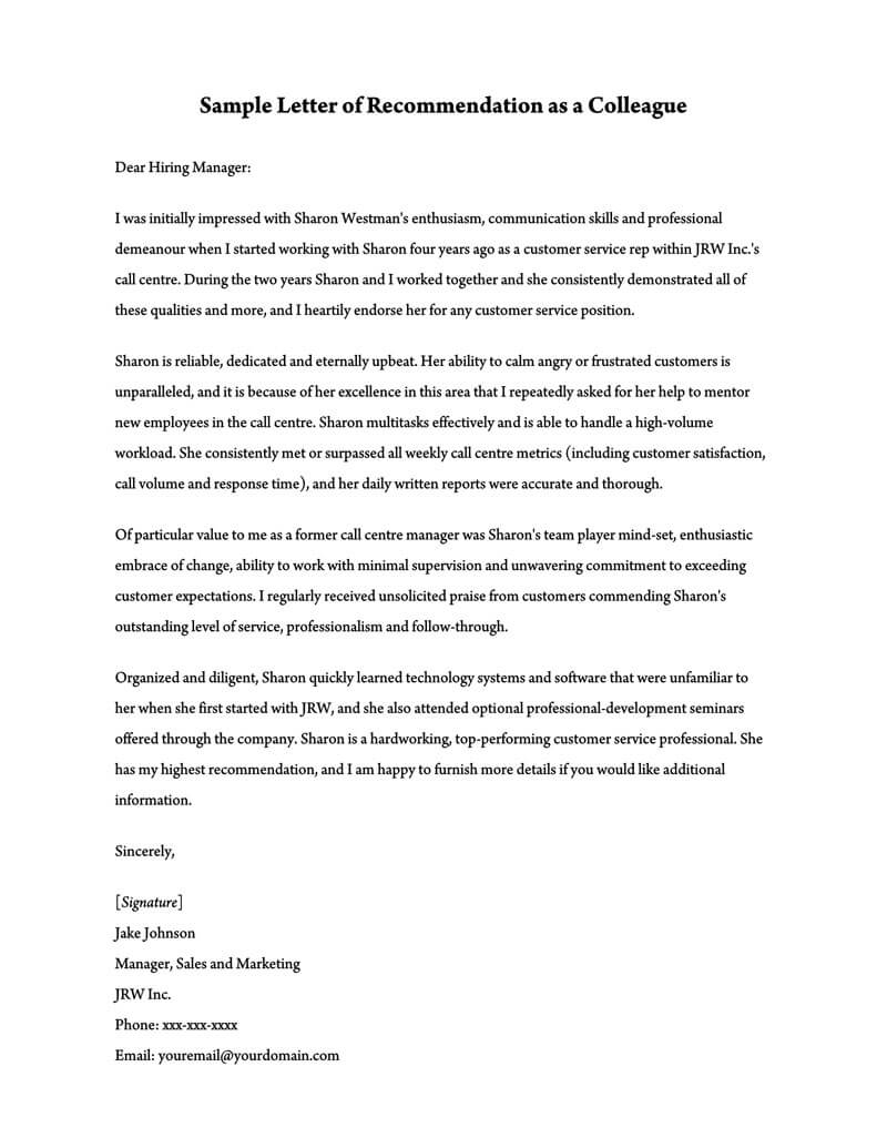 Letter Of Recommendation For A Teacher From A Colleague from www.wordtemplatesonline.net