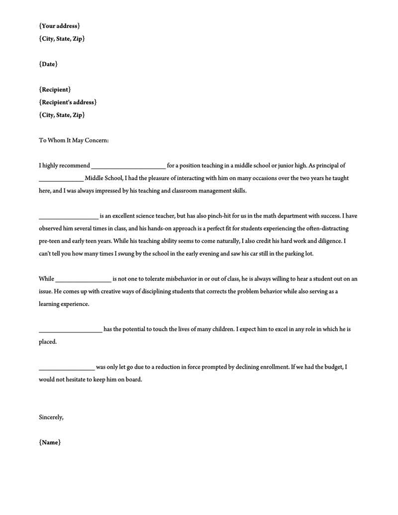 Free teacher recommendation letter sample