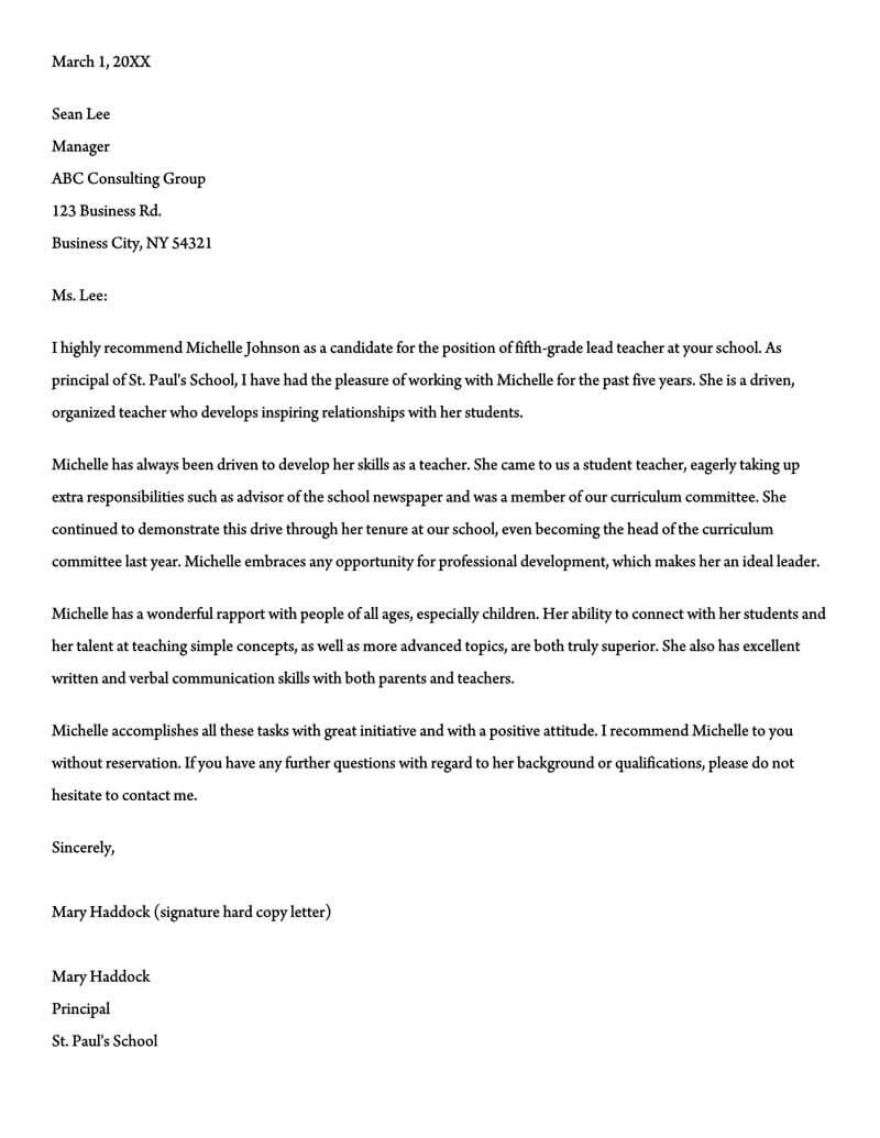 High-quality teacher recommendation letter template