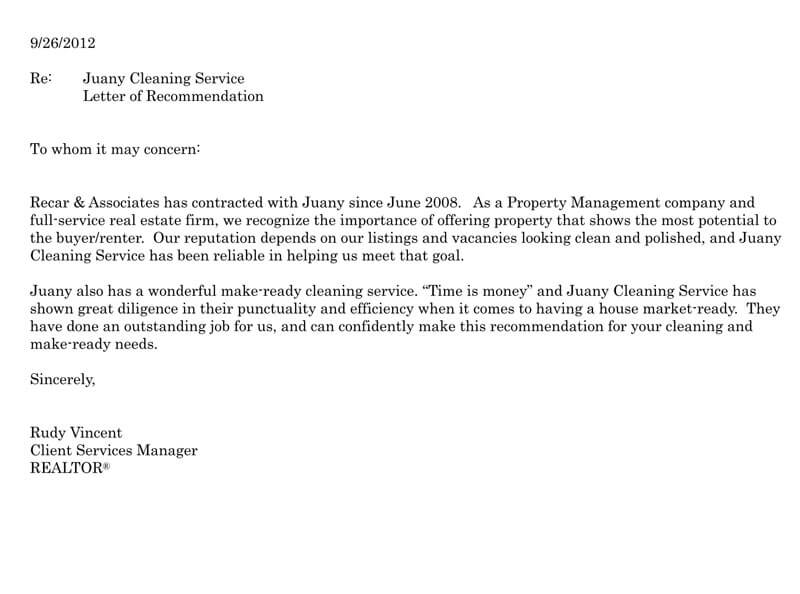 Re Mendation Of A Business Service Sample Letters