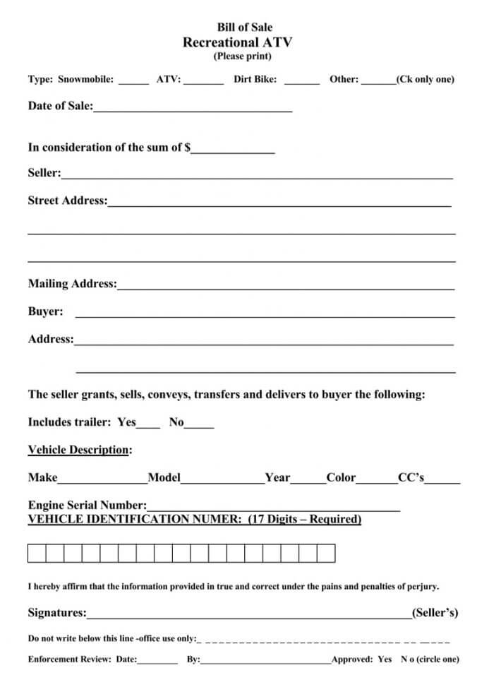 Free AllTerrain Vehicle (ATV) Bill of Sale Forms Word, PDF