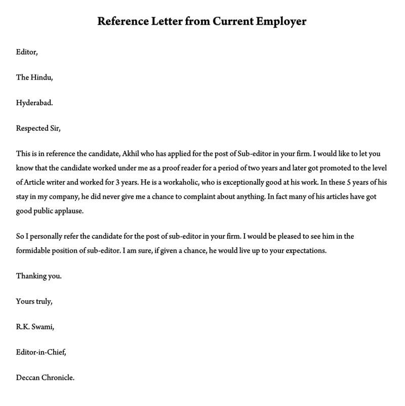 Reference Letter from Current Employer