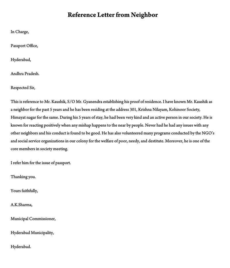 Editable character reference letter example template