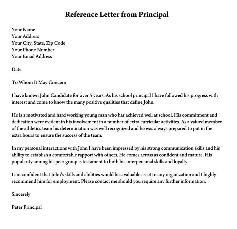 Reference Letter from Principal
