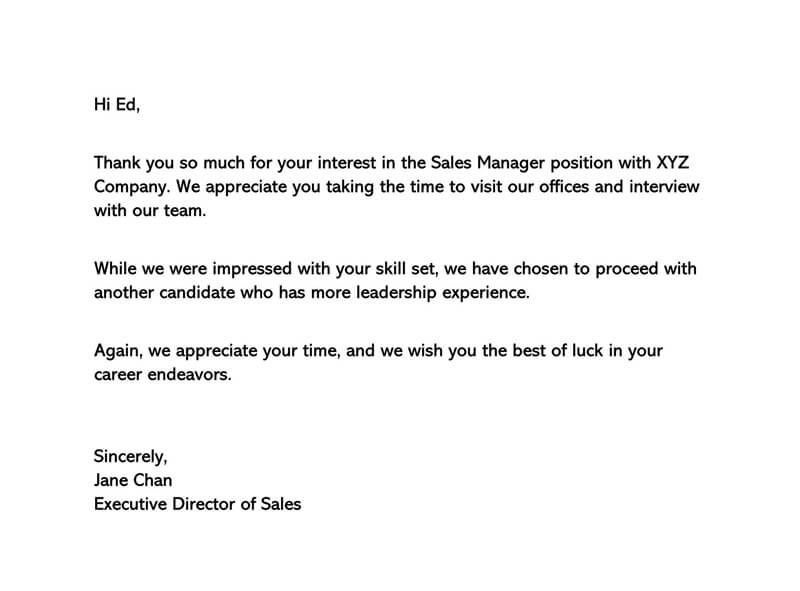 Great Comprehensive Interview Rejection Letter for Sales Manager Template 01 for Word File