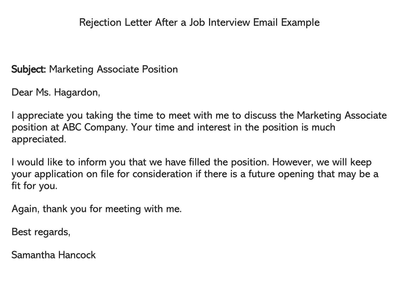 Printable Post Interview Rejection Letter Sample 09 for Word File