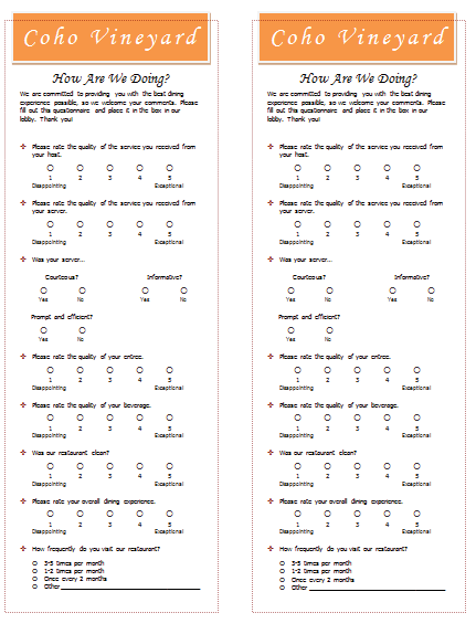 Restaurant Survey Template 2 Per Page