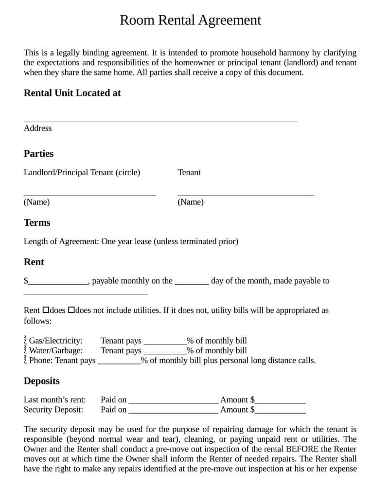 Free Roommate Room Rental Agreement Templates By State