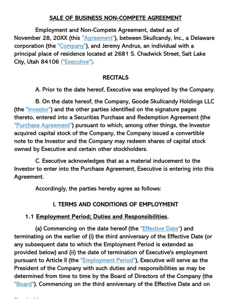 business templates noncompete agreement