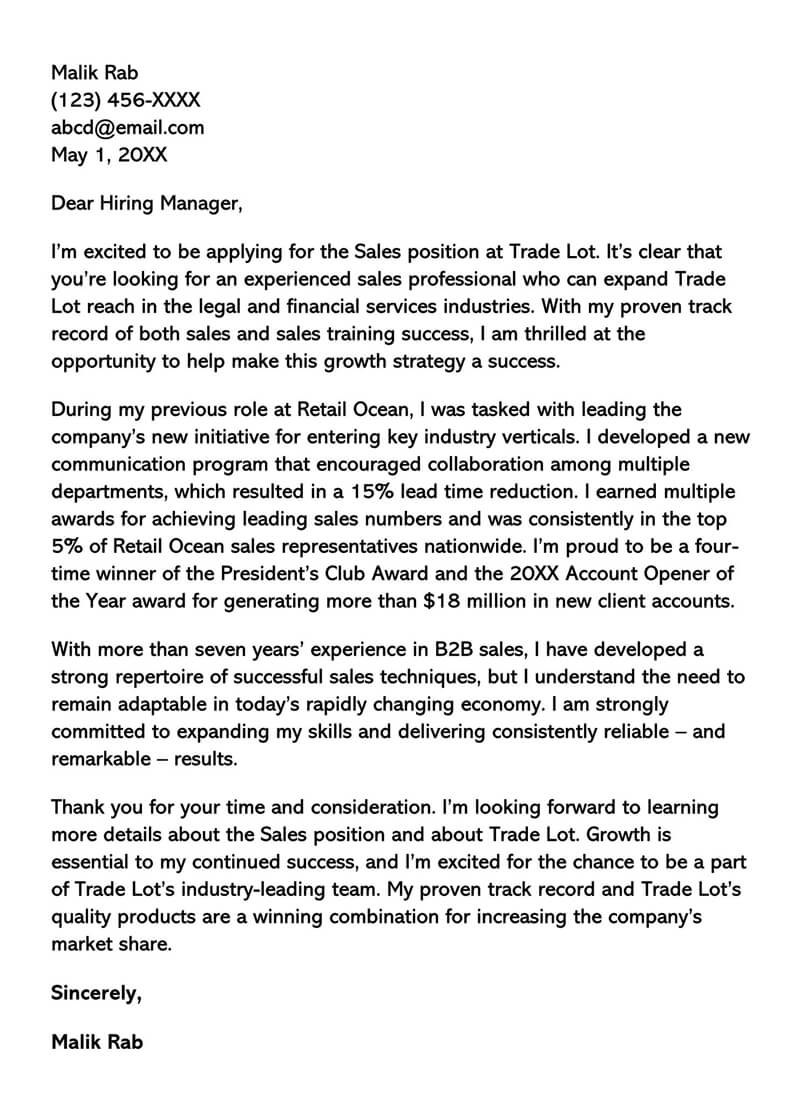 cover letter for sales job in word format