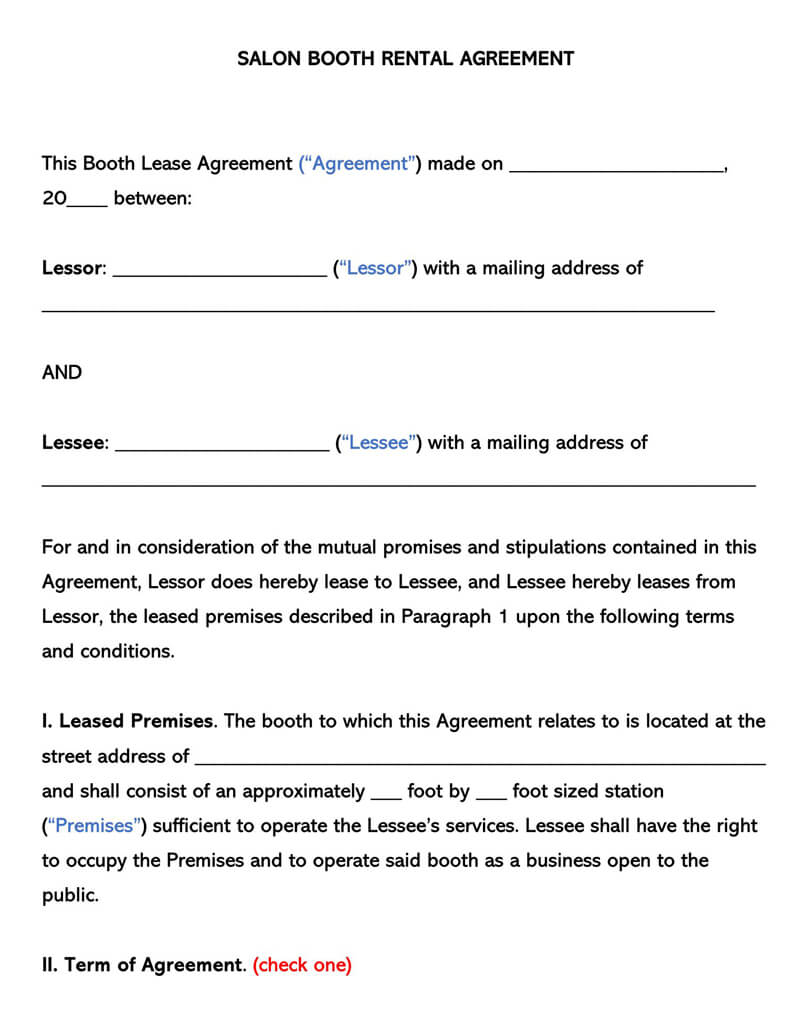 free booth salon rental agreement templates with guide word pdf