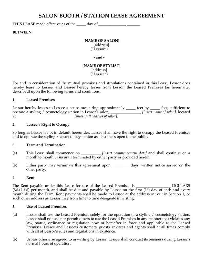 Free Booth (Salon) Rental Agreement Templates (with Guide) - Word / PDF