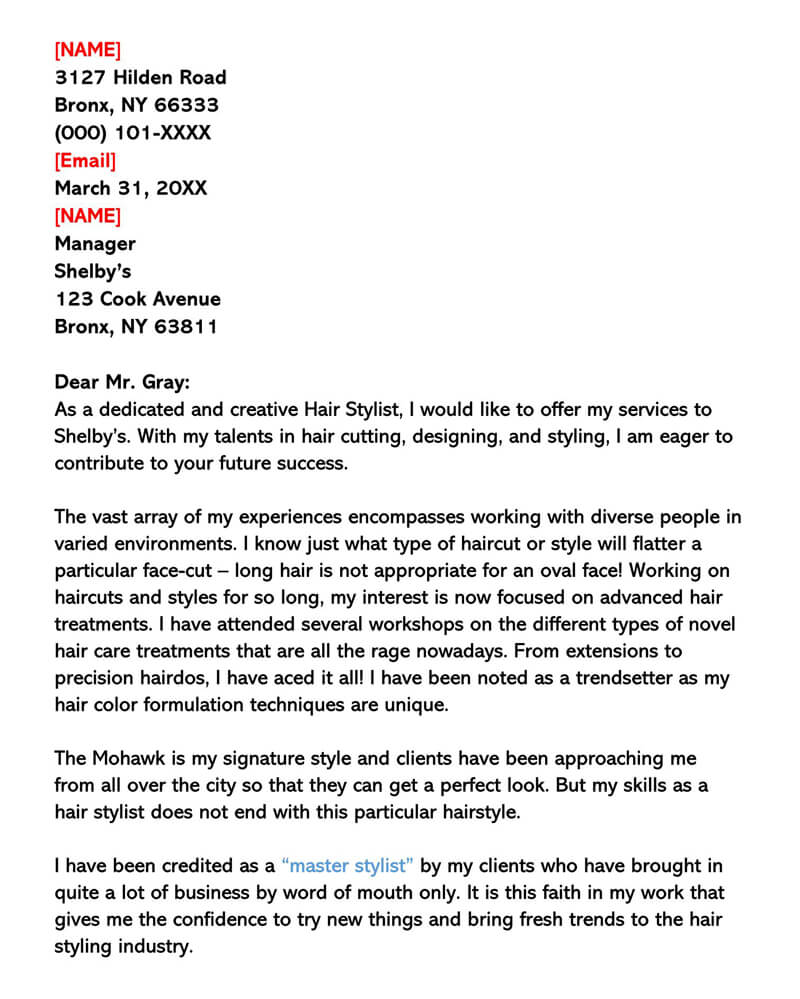 Great Professional Hair Stylist Cover Letter Sample 08 for Word File