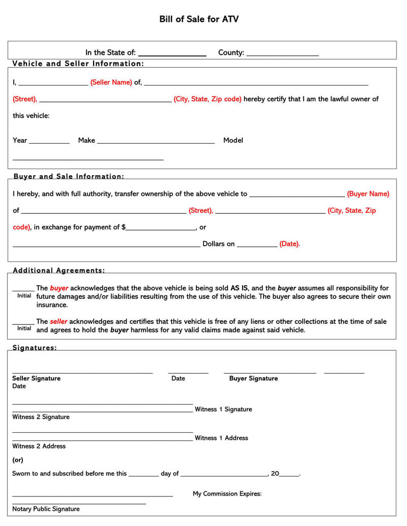 Editable ATV Bill of Sale Form in PDF Format 15