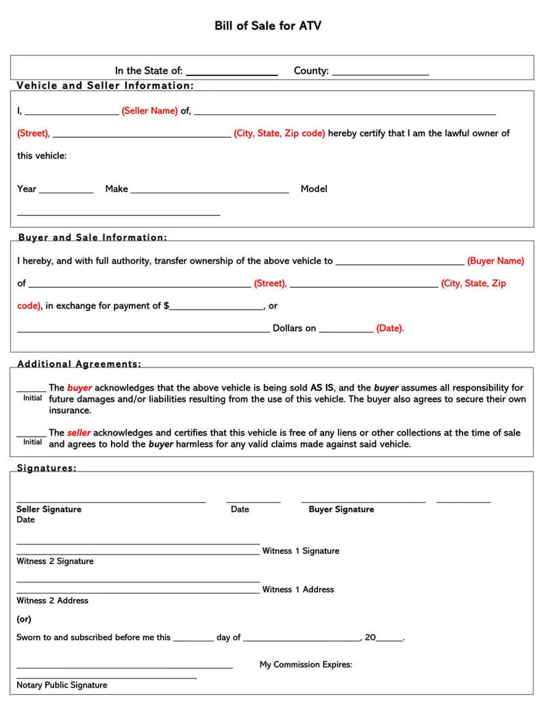 free all terrain vehicle atv bill of sale forms word pdf