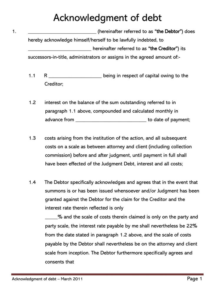Free printable acknowledgment of debt form template 09