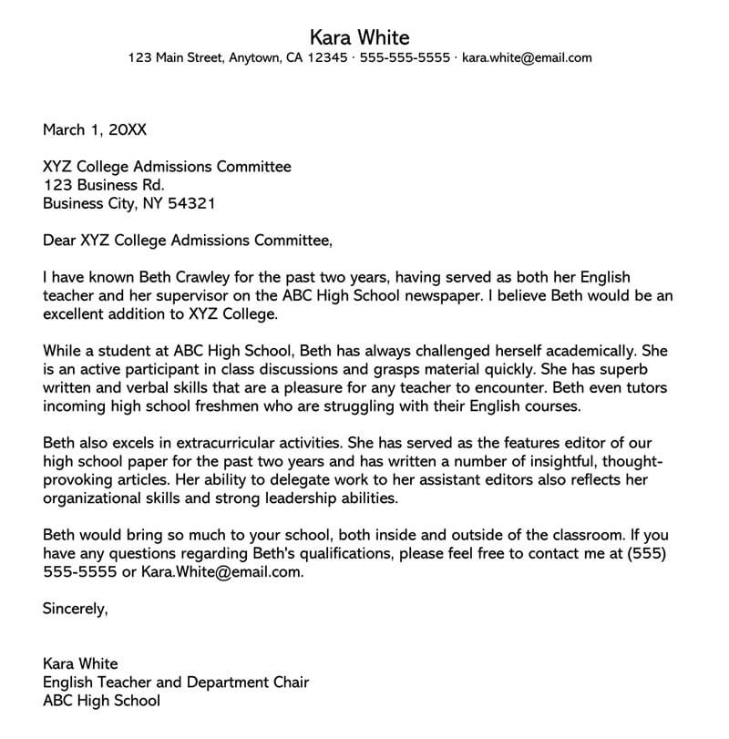 sample college recommendation letter