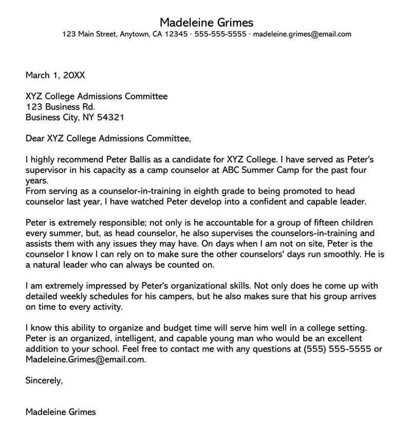 college recommendation letter resume