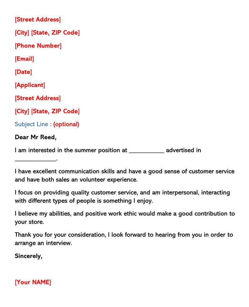 Professional summer job cover letter example and template
