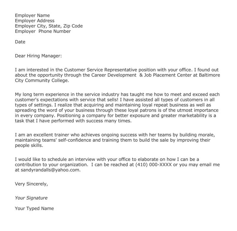 Sample Customer Service Email Cover Letter