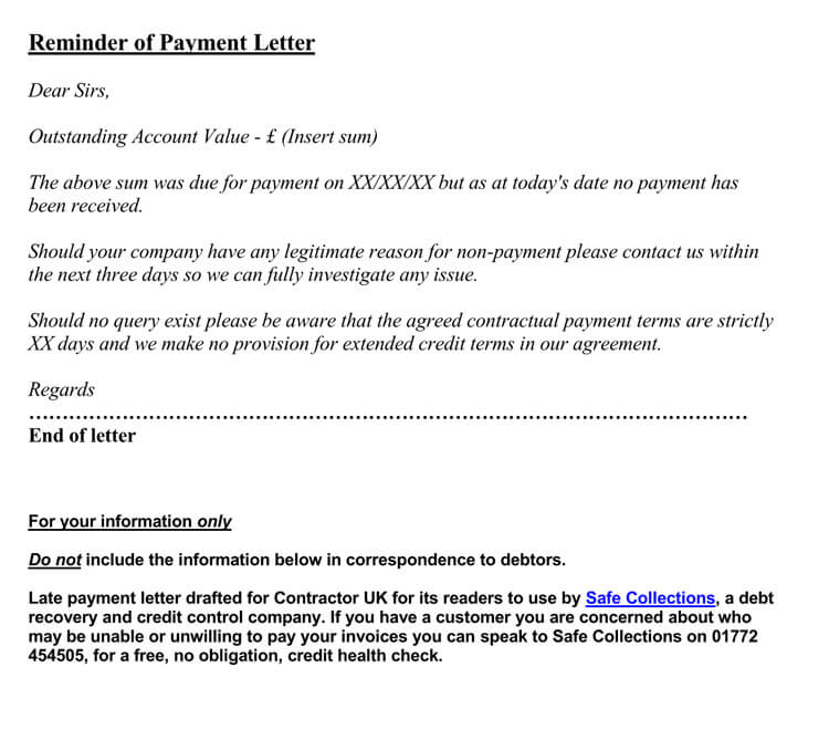 Free Editable General Payment Reminder Letter Template 02 for Word document