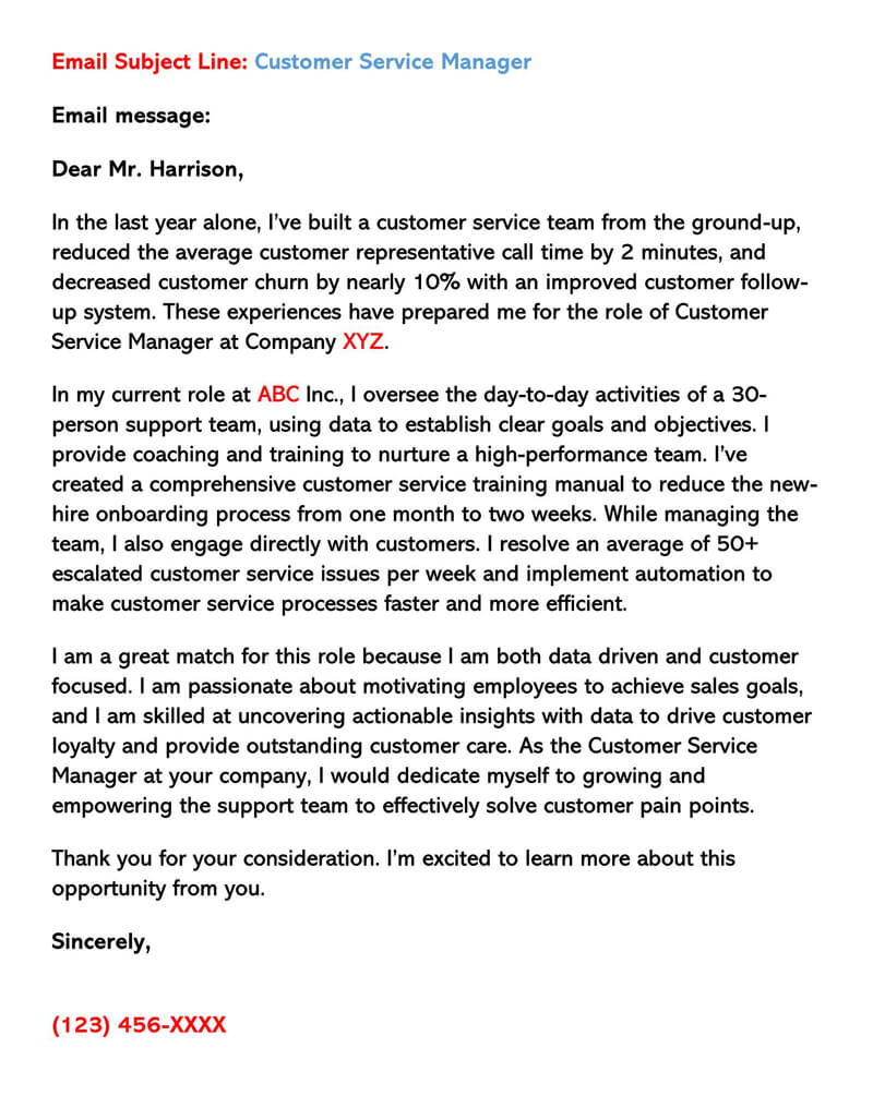 Free Email Cover Letter for Customer Service Manager Sample for Pdf File