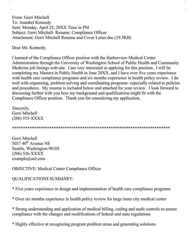 Sample Email Resume and Cover Letter for Compliance Officer