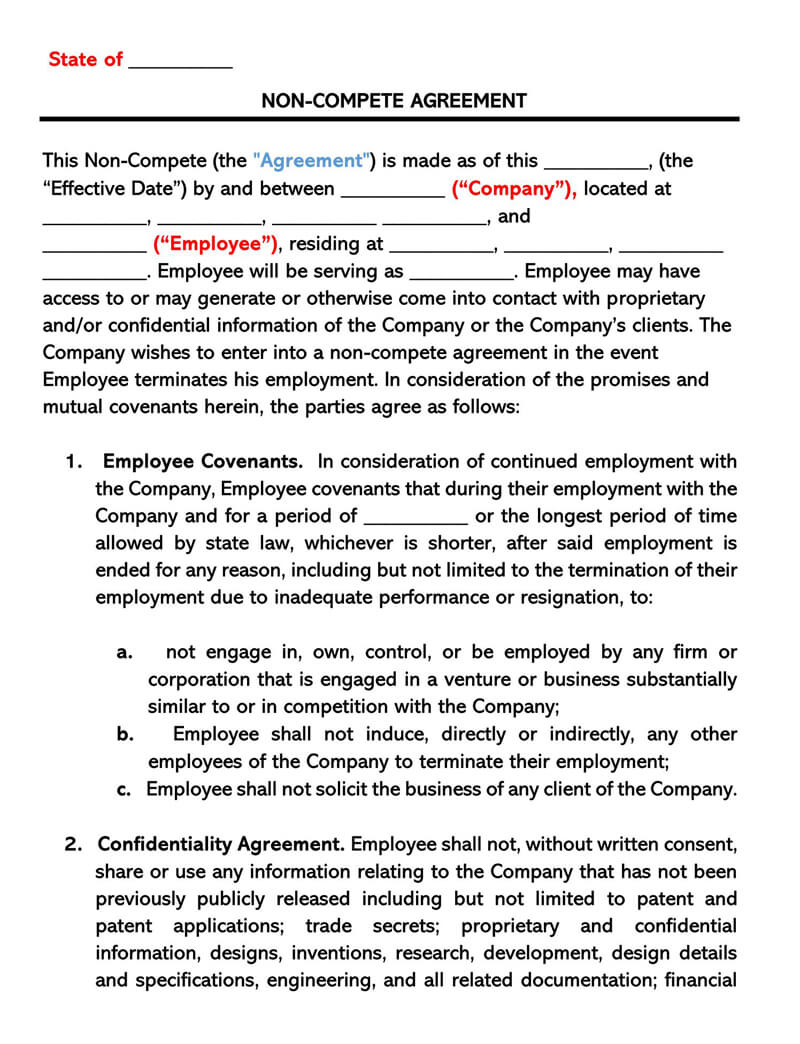 Standard Non Compete Agreement Template