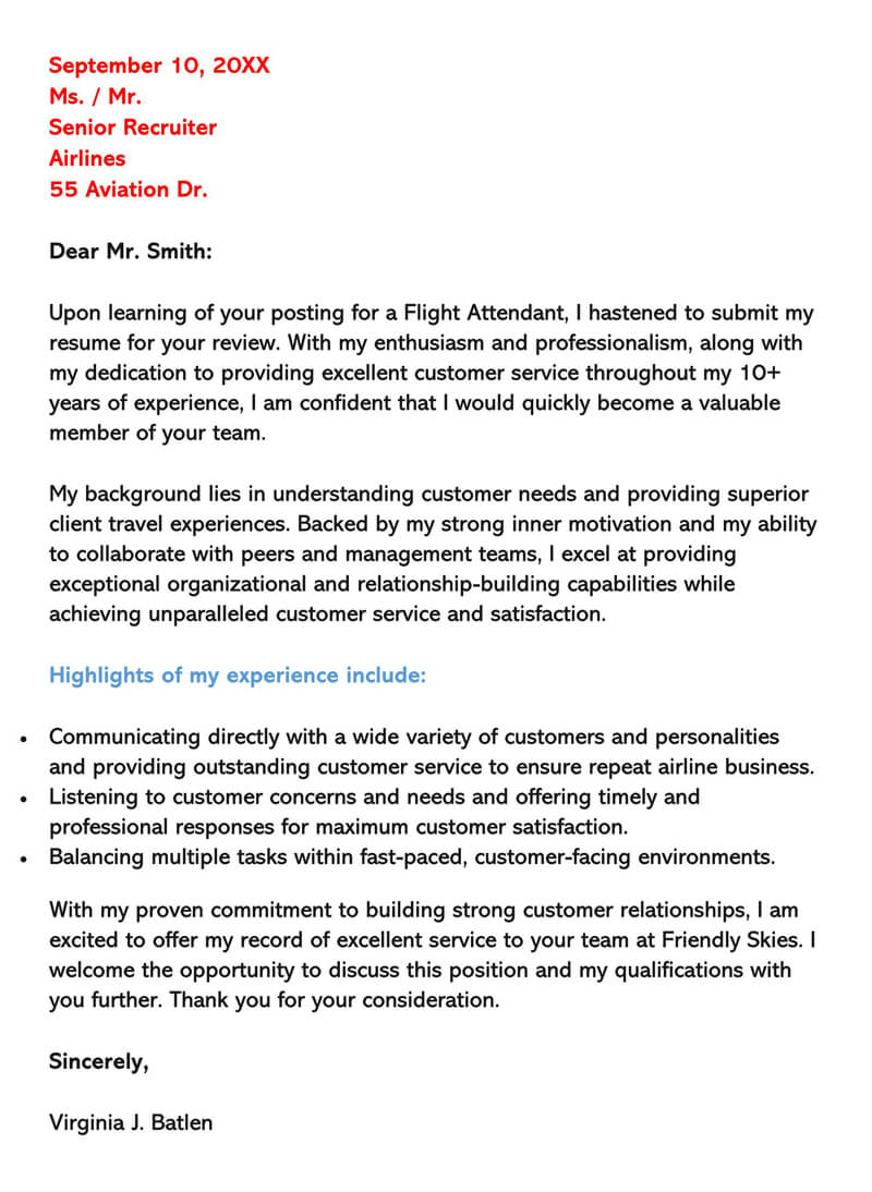 Free Flight Attendant Cover Letter Sample 16 for Word