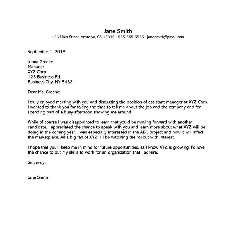 Free Downloadable Assistant Manager Job Rejection Follow-up Letter Sample for Word Format