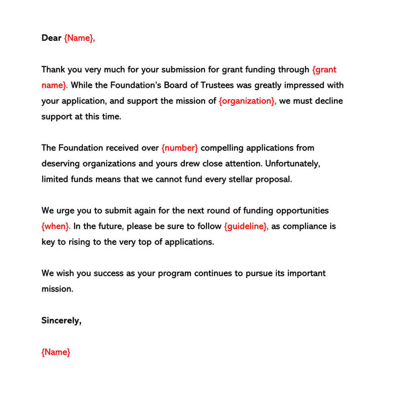 Sample Grant Funding Rejection Letter.