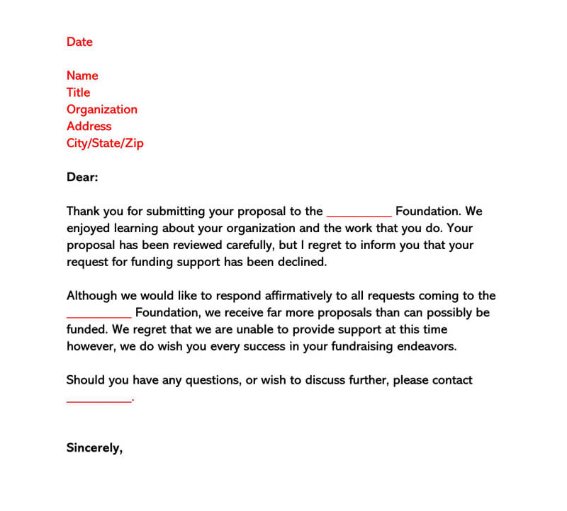 rejection letter for grant application