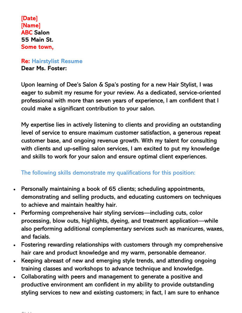 Great Comprehensive Hair Stylist Cover Letter 14 for Word File