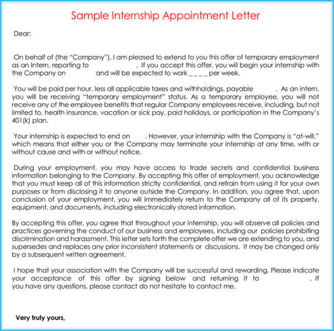 Sample Internship Appointment Letter